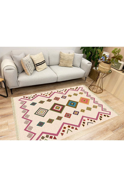 Cotton Serisi Krem Tonunda Geometrik Desenli Dekoratif Dokuma Taban Kilim