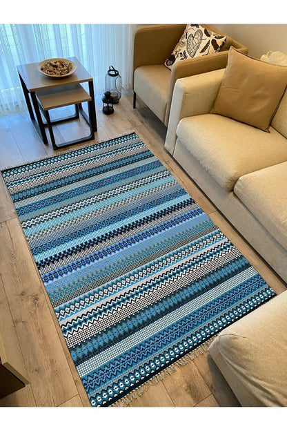 Cotton Kilim 6 Mavi Tonunda Geometrik Desenli Dekoratif Yıkanabilen Dokuma Taban Kilim