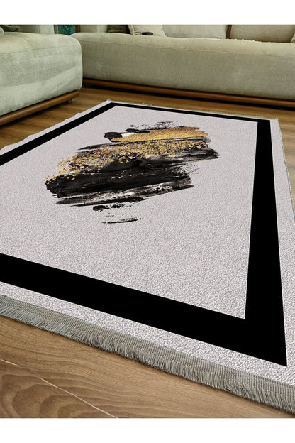 Halı Vagonu 2076 Gri Ve Siyah Tonlarında Fırça Darbeleri Desen Kaymaz Taban Dekoratif Halı