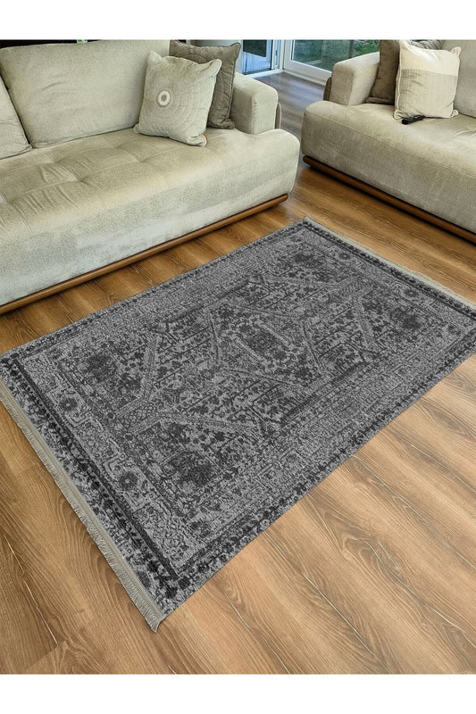 Halı Vagonu Serisi Gri Tonlarında Eskitme Antika Desen Kaymaz Taban Şönil Halı