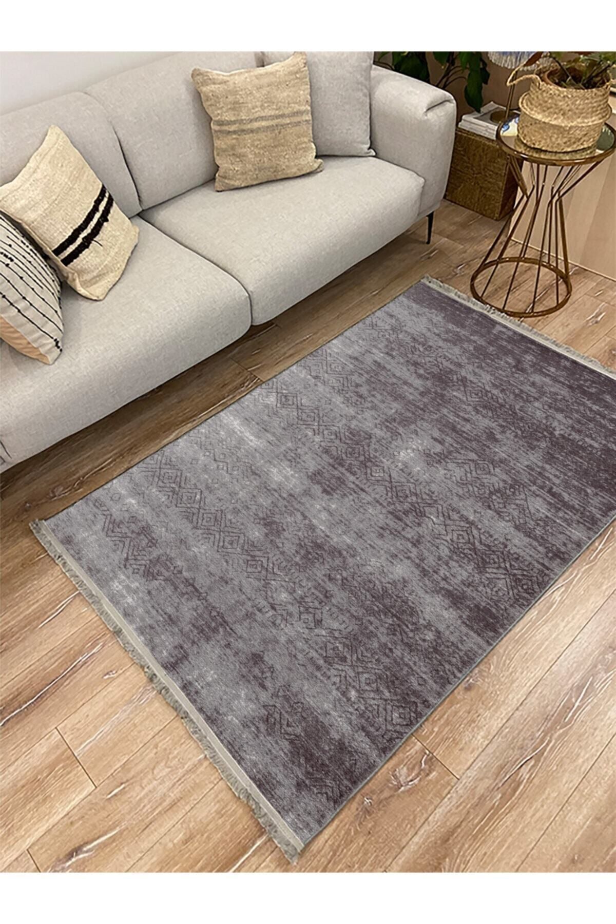 Halı Vagonu 2020 Gri Ve Siyah Tonunda Etnik Desenli Kaymaz Taban Dekoratif Halı