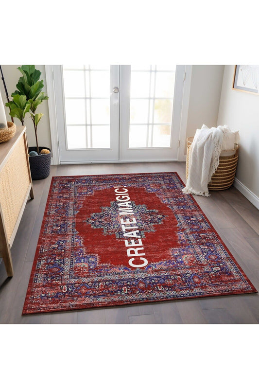Halı Vagonu 190 Create Magic Yazılı Etnik Vintage Dokuma Taban Halı