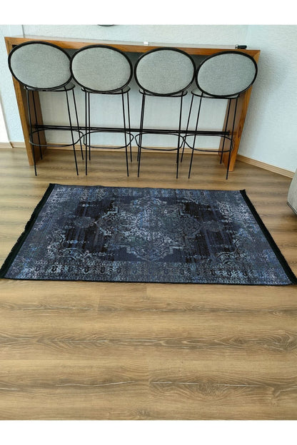Halı Vagonu Serisi Lacivert Eskitme Antika Desen Kaymaz Taban Şönil Halı