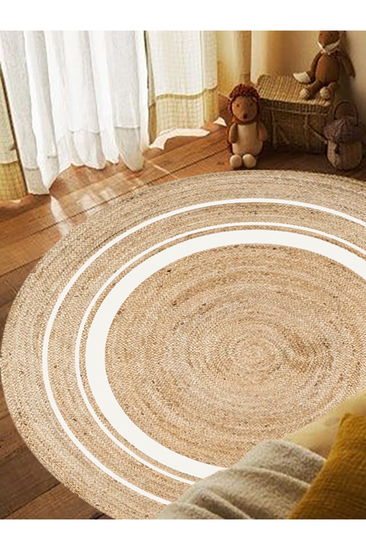 Boho 991 Natural Jüt Görünümlü Desen Üzerine Beyaz Halkalar Yuvarlak Natural Çift Taraflı Halı
