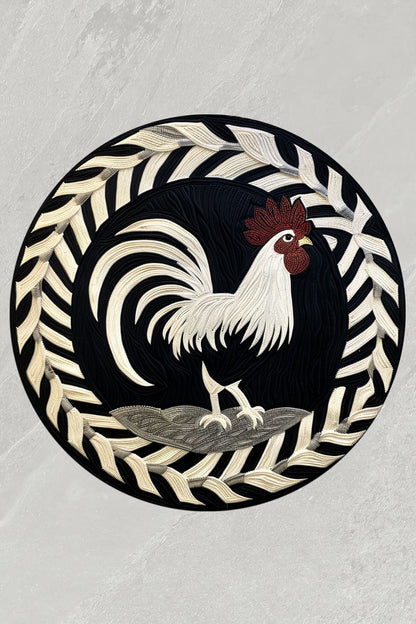 Halı Vagonu 167 Horoz Figürlü Siyah Dama Desenli Dokuma Taban Yuvarlak Halı