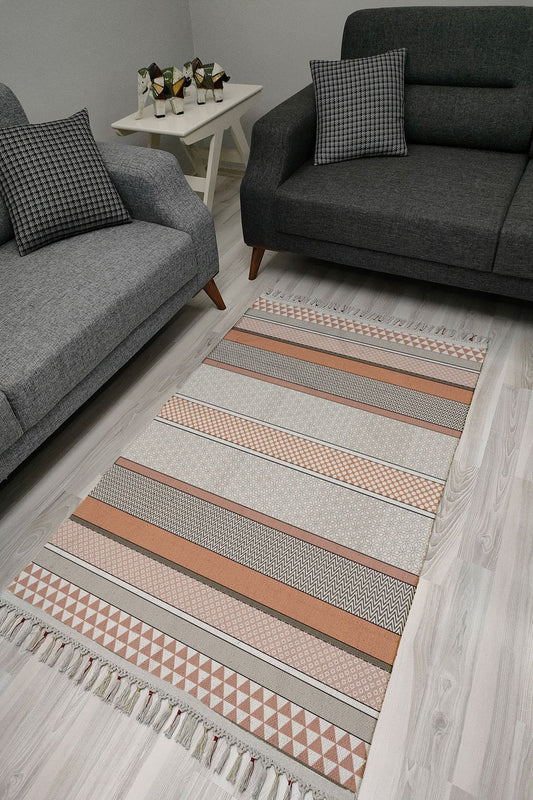 Cotton Serisi Kahve Tonlarında Etnik Desenli Dekoratif Dokuma Taban Kilim