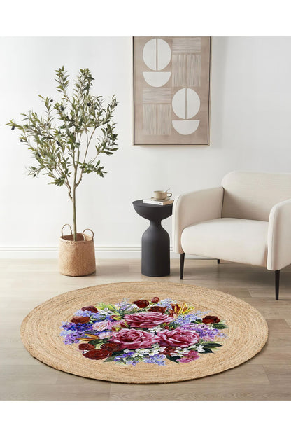 Boho 919 Jüt Doğa Iplik Ile Üretilmiş Çiçek Desenli Yuvarlak Natural Renk Çift Taraflı Halı