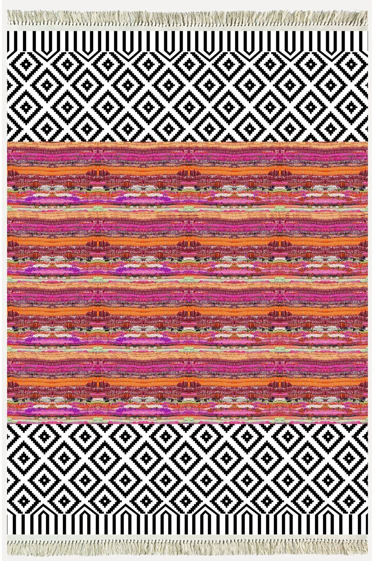 Cotton Kilim 53 Multy Geleneksel Motifler Modern Dekoratif Saçaklı Yıkanabilen Dokuma Kilim