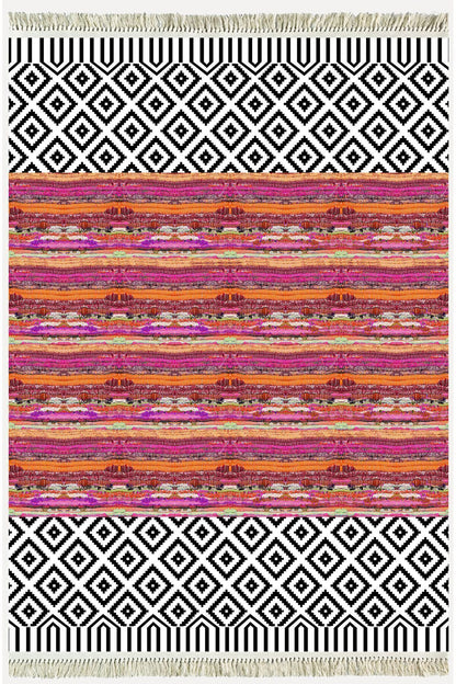Cotton Kilim 53 Multy Geleneksel Motifler Modern Dekoratif Saçaklı Yıkanabilen Dokuma Kilim