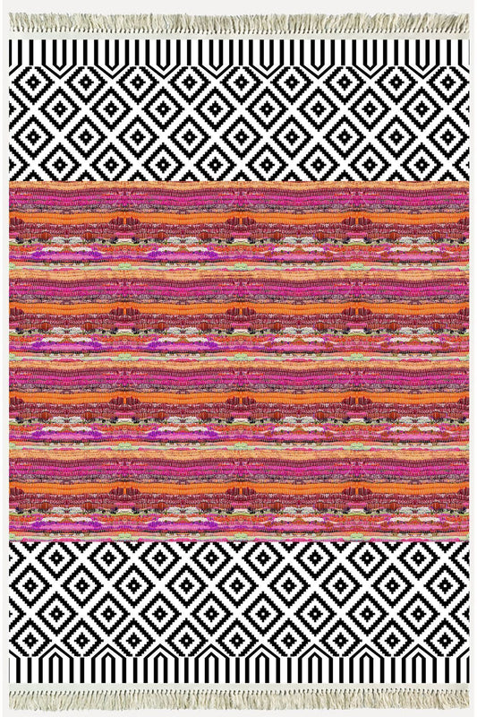 Cotton Kilim 53 Multy Geleneksel Motifler Modern Dekoratif Saçaklı Yıkanabilen Dokuma Kilim