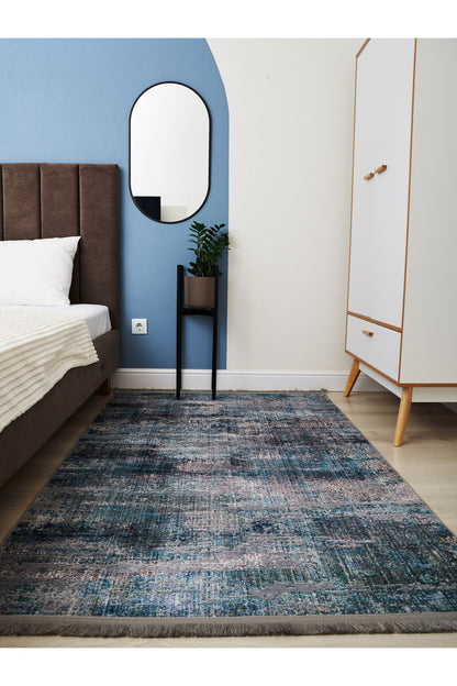 Halı Vagonu 2024 Mavi Gri Soyut Desen Modern Dokuma Taban Dekoratif Halı