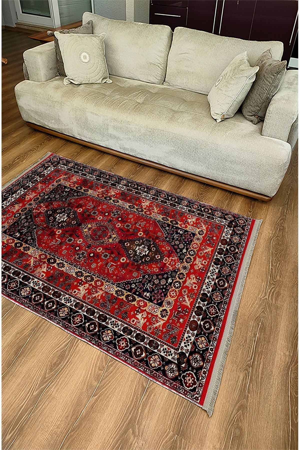 HV Halı 94 Kırmızı Ve Füme Tonlarında Klasık Dekoratif Halı Salon Halısı Saçaklı Yıkanabilen Halı