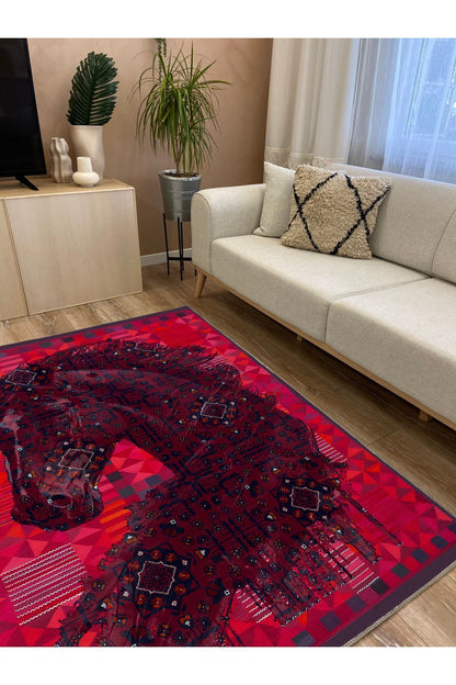 Halı Vagonu124 Etnik Anadolu Halı Üzerine Desenlı At Dekoratif Salon Halısı Saçaklı Yıkanabilen Halı