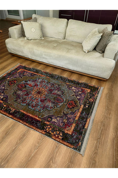 HV  69 Siyah Ve Koyu Yeşil Tonlarında Dekoratif Salon Halısı Klasik Halı Saçaklı Yıkanabilen Halı