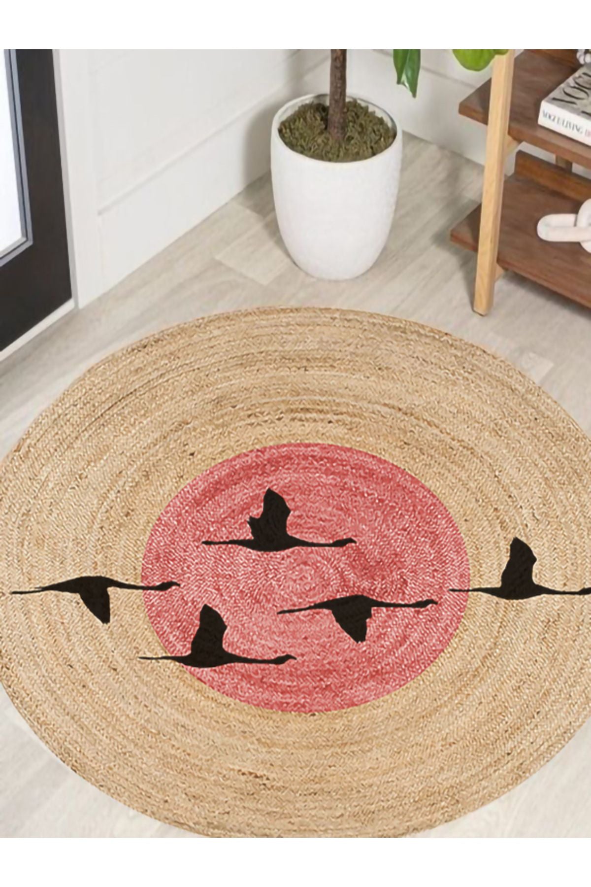 Boho 990 Gün batımı Leylek Botanik Desenli Örgü Yuvarlak Natural Çift Taraflı Halı