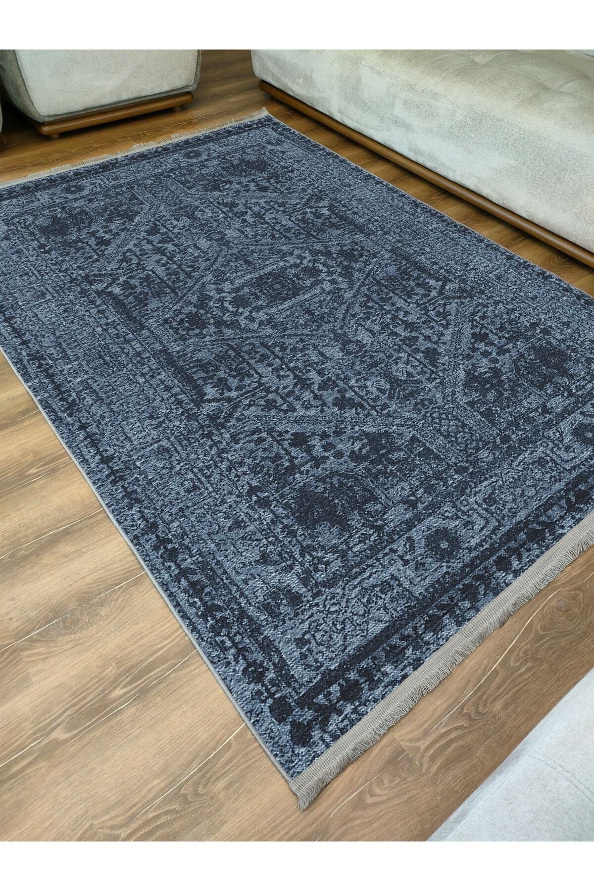 Halı Vagonu Serisi Lacivert Eskitme Antika Desen Kaymaz Taban Şönil Halı