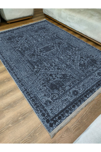 Halı Vagonu Serisi Lacivert Eskitme Antika Desen Kaymaz Taban Şönil Halı