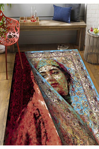 Halı Vagonu 150 Mavi Ve Bordo Tonlarda Kadın Silüeti Etnik Desenli Vintage Dokuma Taban Halı