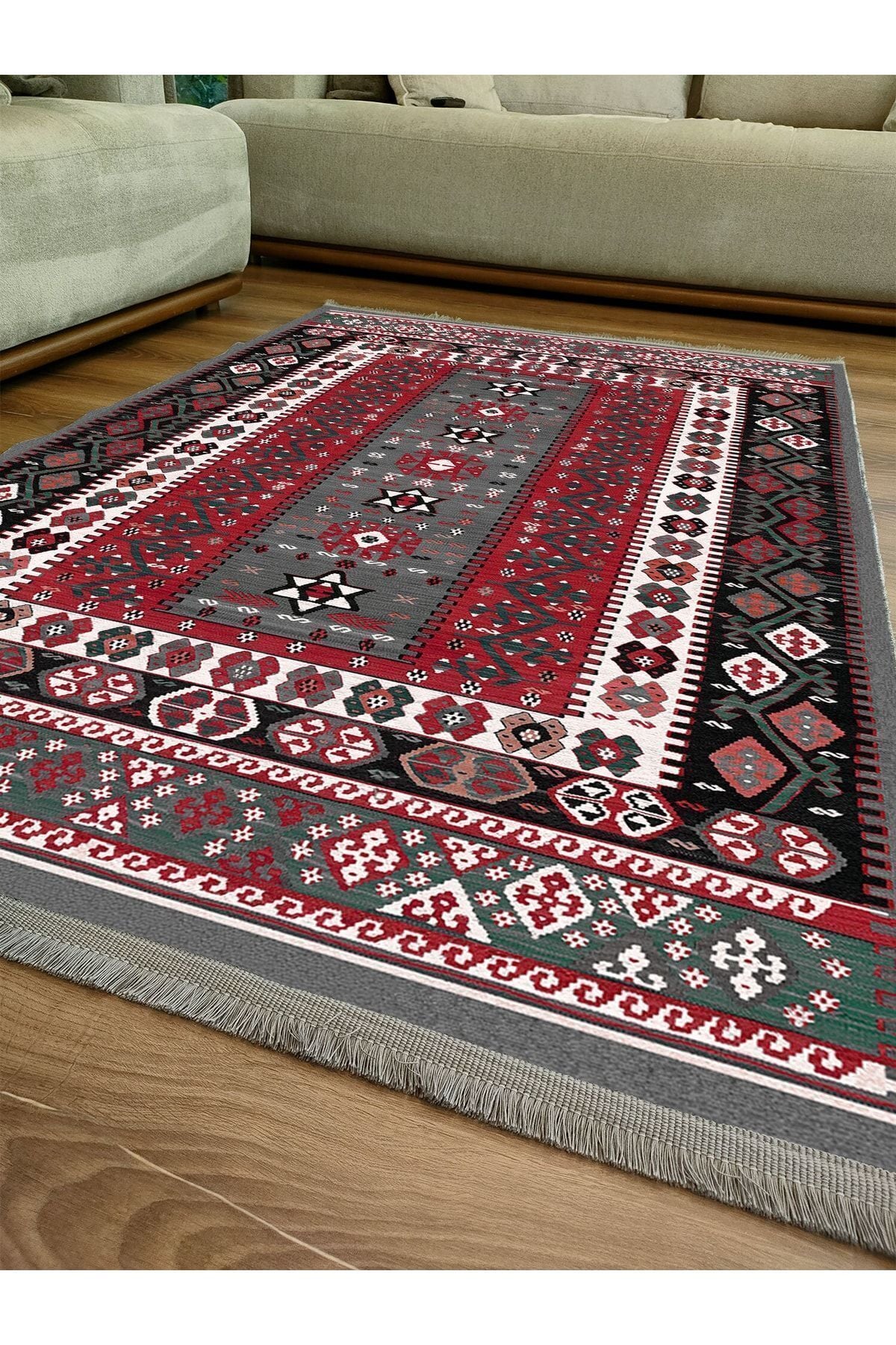 Halı Vagonu Serisi Antik Kırmızı Ve Siyah Tonlarında Otantik Desen Kaymaz Taban Şönil Halı