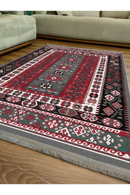 Halı Vagonu Serisi Antik Kırmızı Ve Siyah Tonlarında Otantik Desen Kaymaz Taban Şönil Halı