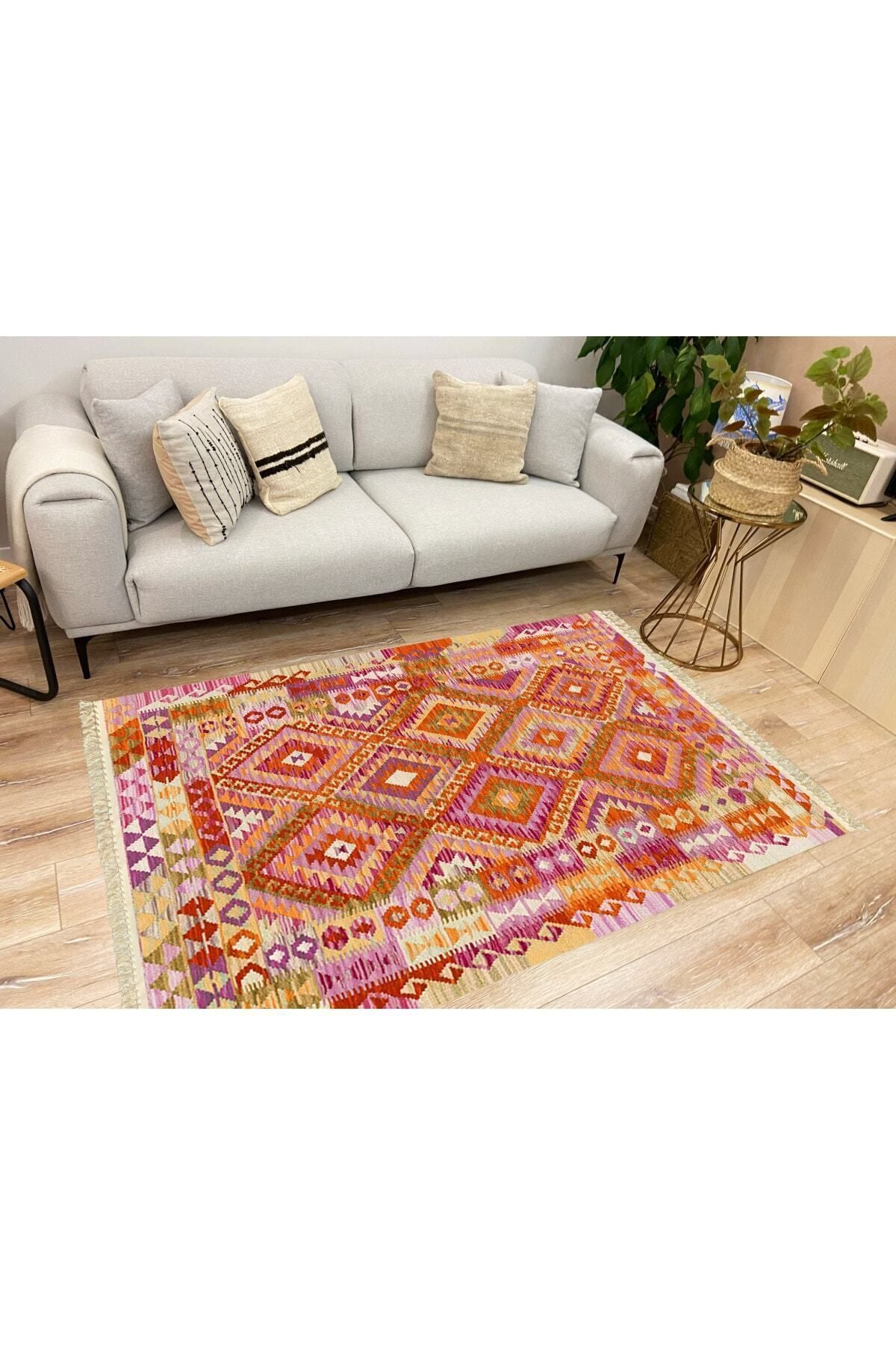 Cotton Serisi Pembe Tonunda Baklavalı Geometrik Desen Dekoratif Dokuma Taban Kilim