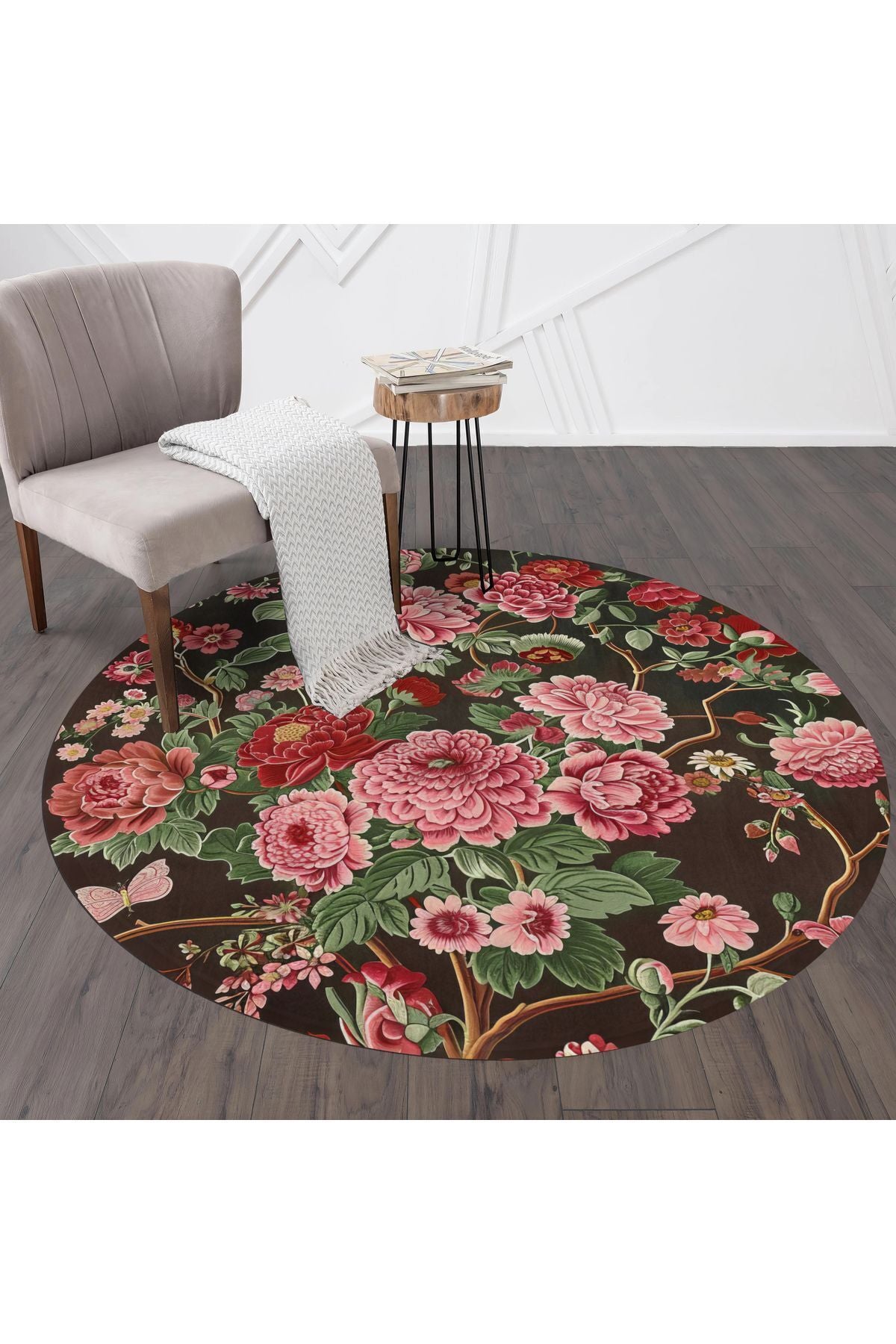 Halı Vagonu 144 Bahar Çiçekleri Kırmızı Yeşil Çok Renkli Yuvarlak Halı