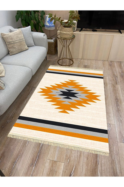 Cotton Serisi Krem Tonlarında Eskitm Desen Dekoratif Dokuma Taban Kilim