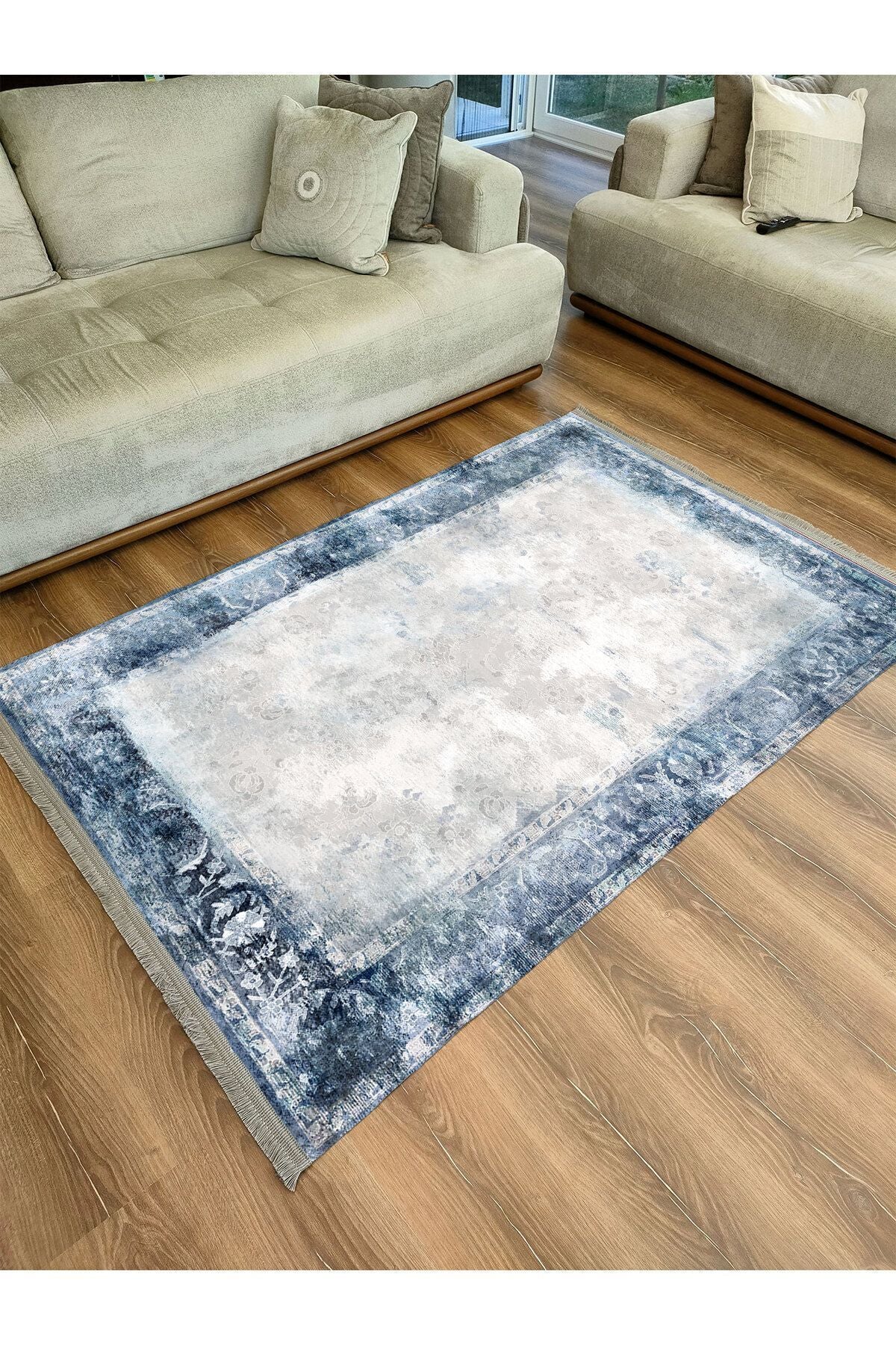 Halı Vagonu 2068 Mavi Çerçeve Desenli Yıkanabilir Kaymaz Salon Halısı, Koridor Ve Mutfak Halısı