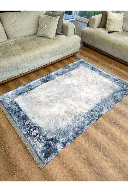 Halı Vagonu 2068 Mavi Çerçeve Desenli Yıkanabilir Kaymaz Salon Halısı, Koridor Ve Mutfak Halısı
