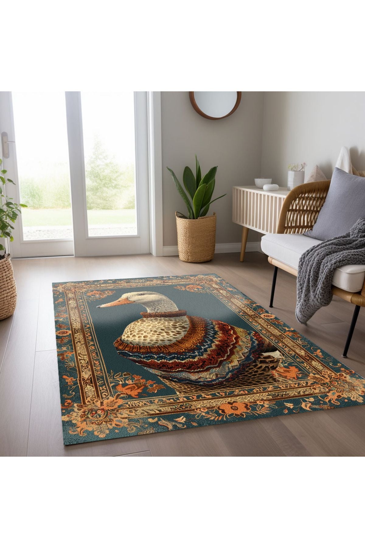 Ördek Temalı Yeşil Tonlarında Pastel Botanik  Dokuma Taban Salon Halısı Çocuk Halısı  HV  256