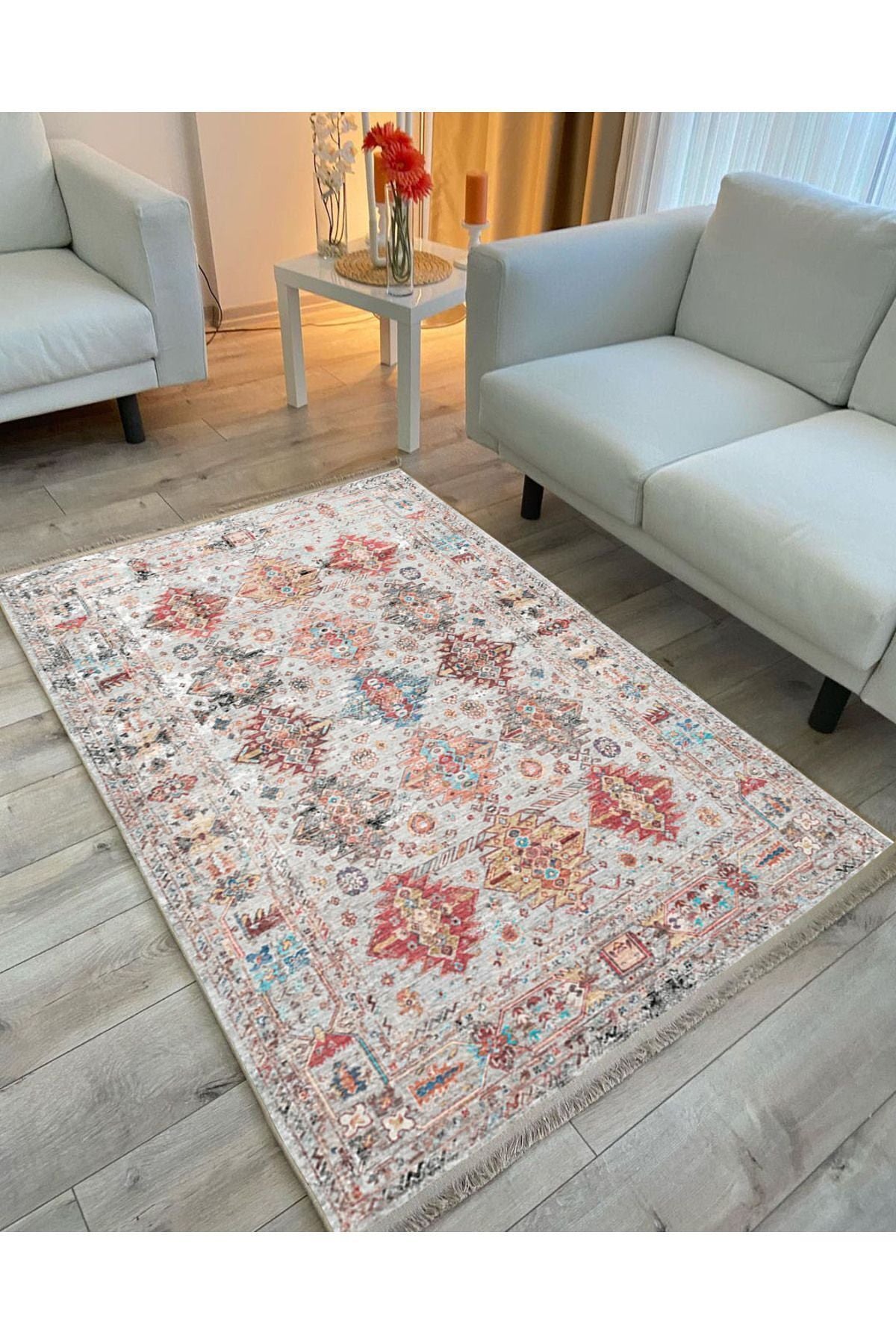 HV  2164 Renkli Desenli Yıkanabilir Kaymaz Tabanlı Salon Halısı, Koridor Ve Mutfak Halısı Kilim