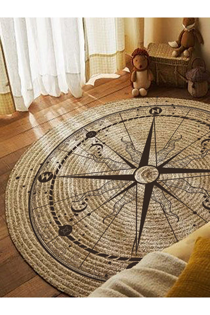 Boho 942 Pusula Tema Etnik Örgü Yuvarlak Natural Renk Çift Taraflı Halı