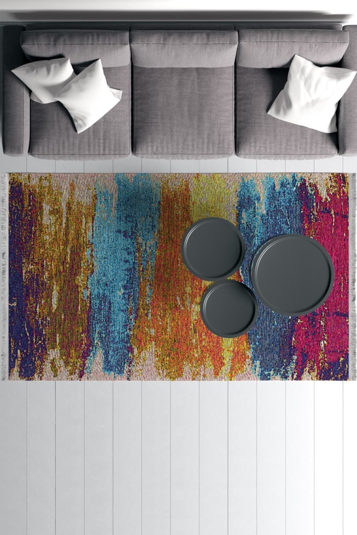 Halı Vagonu Serisi Hardal Ve Bordürlü Çiçek Desen Kaymaz Taban Şönil Halı