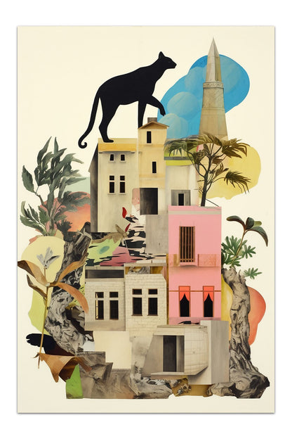 Halı Vagonu 158 Kedi ve Şehir Temalı El Çizimi Stili Dokuma Taban Halı