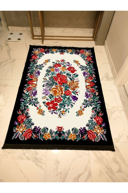 Halı Vagonu Serisi Kahve Tonlarında Çerçeveli Eskitme Geometrik Desen Kaymaz Taban Şönil Halı