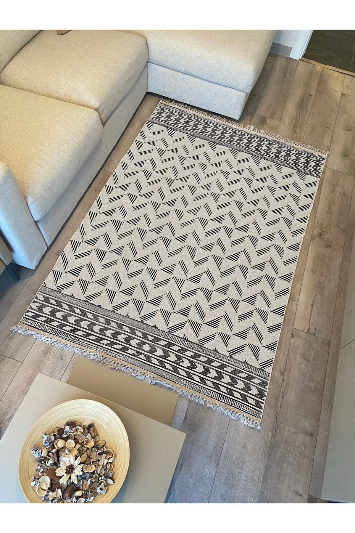 Cotton Kilim 14 Gri Zeminli Çizgili Desenli Dekoratif Yıkanabilen Dokuma Taban Kilim