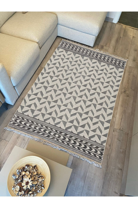 Cotton Kilim 14 Gri Zeminli Çizgili Desenli Dekoratif Yıkanabilen Dokuma Taban Kilim