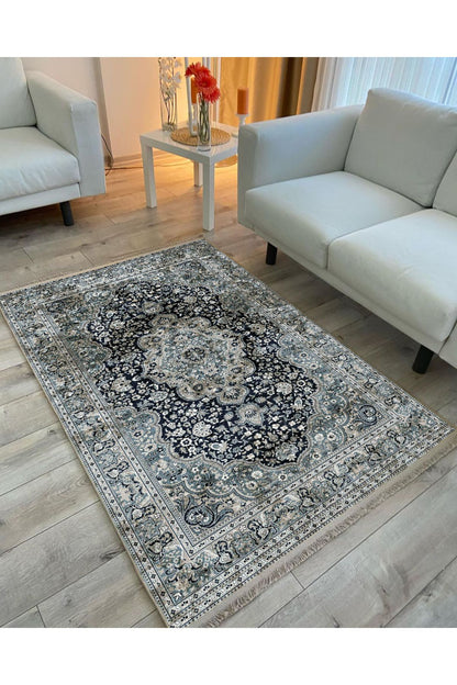 Halı Vagonu 2050 Haki Tonlarında Etnik Eskitme Pamuk  Dokuma Taban Halı