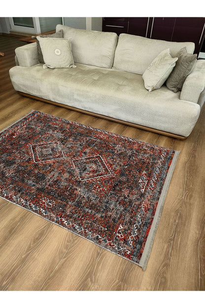 Mars 2157 Bordo Tonlarında Klasik Eskitme Desen Saçaklı Dekoratif Halı