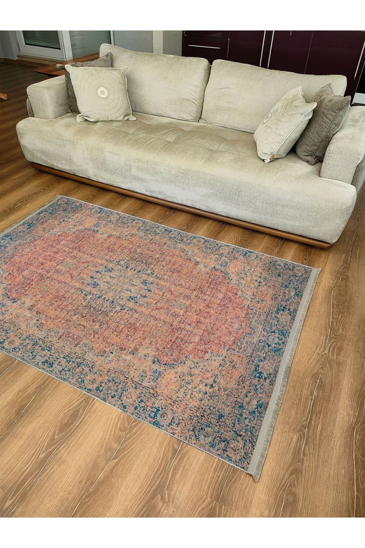 Halı Vagonu Serisi Mavi Ve Kahve Tonlarında Eskitme Otantik Desen Kaymaz Taban Şönil Halı