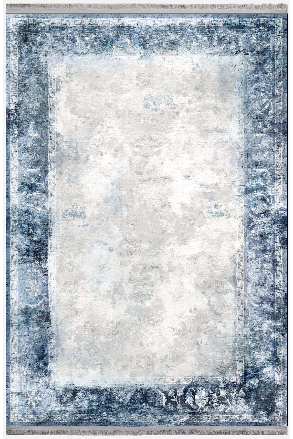 Halı Vagonu Serisi Mavi Krem Tonlarında Etnik Geometrik Desen Kaymaz Taban Şönil Halı