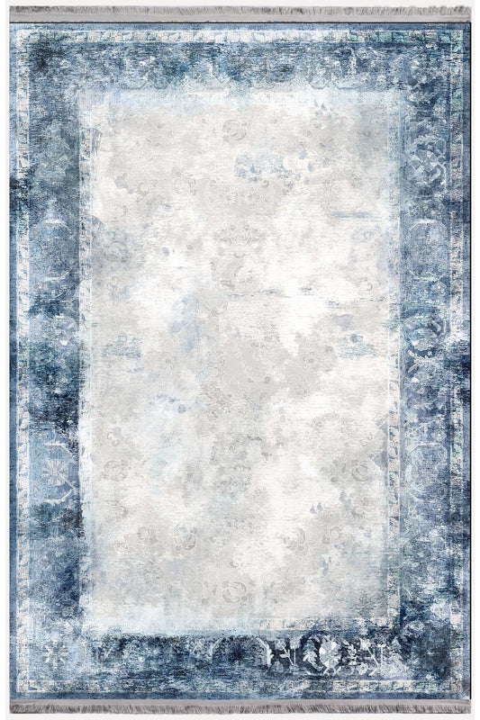 Halı Vagonu Serisi Mavi Krem Tonlarında Etnik Geometrik Desen Kaymaz Taban Şönil Halı