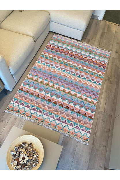 Cotton Kilim 51 Gri Zeminli Geleneksel Motifler Modern Dekoratif Saçaklı Yıkanabilen Dokuma Kilim