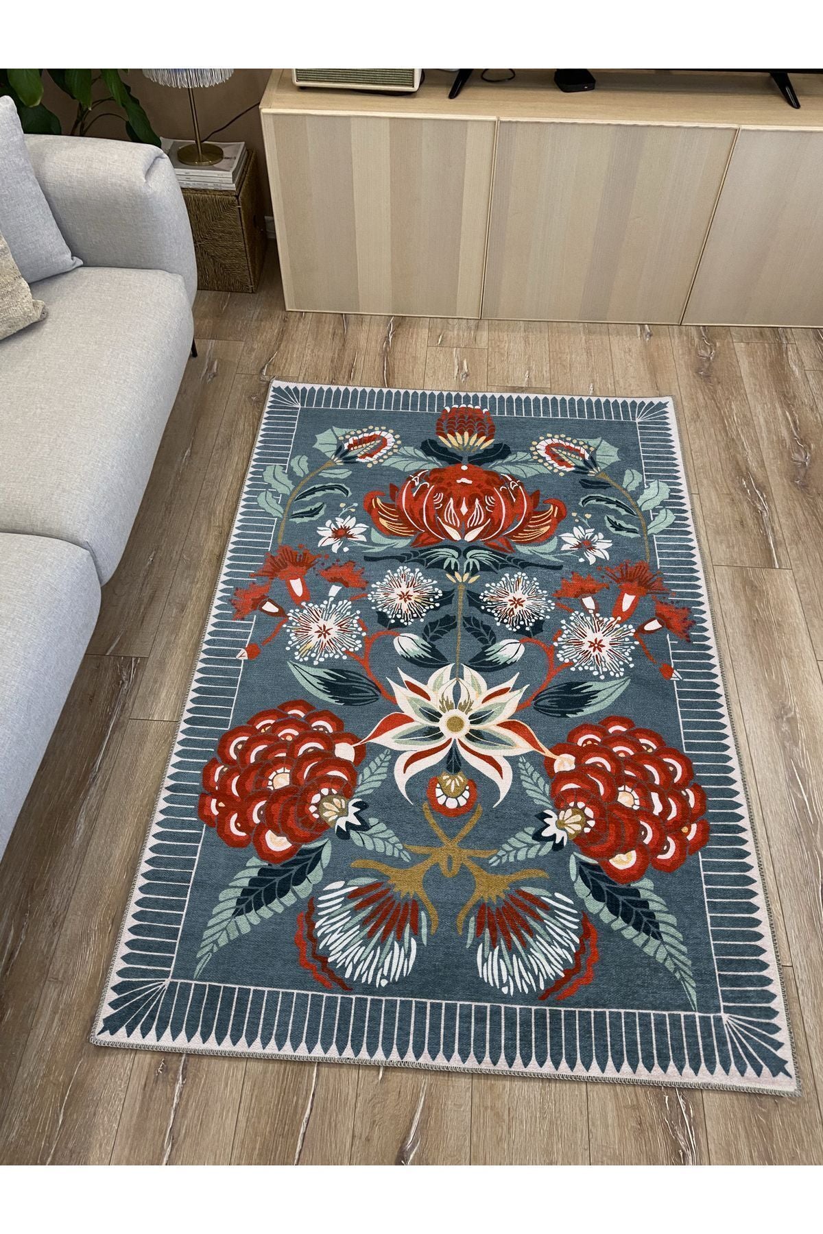 Yeşil Temalı Kırmızı Gül Tonlarında Klasik Modeli Pamuk Dokuma Saçaklı Yakanabilir Halı Vagonu2179