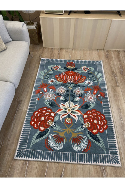 Yeşil Temalı Kırmızı Gül Tonlarında Klasik Modeli Pamuk Dokuma Saçaklı Yakanabilir Halı Vagonu2179