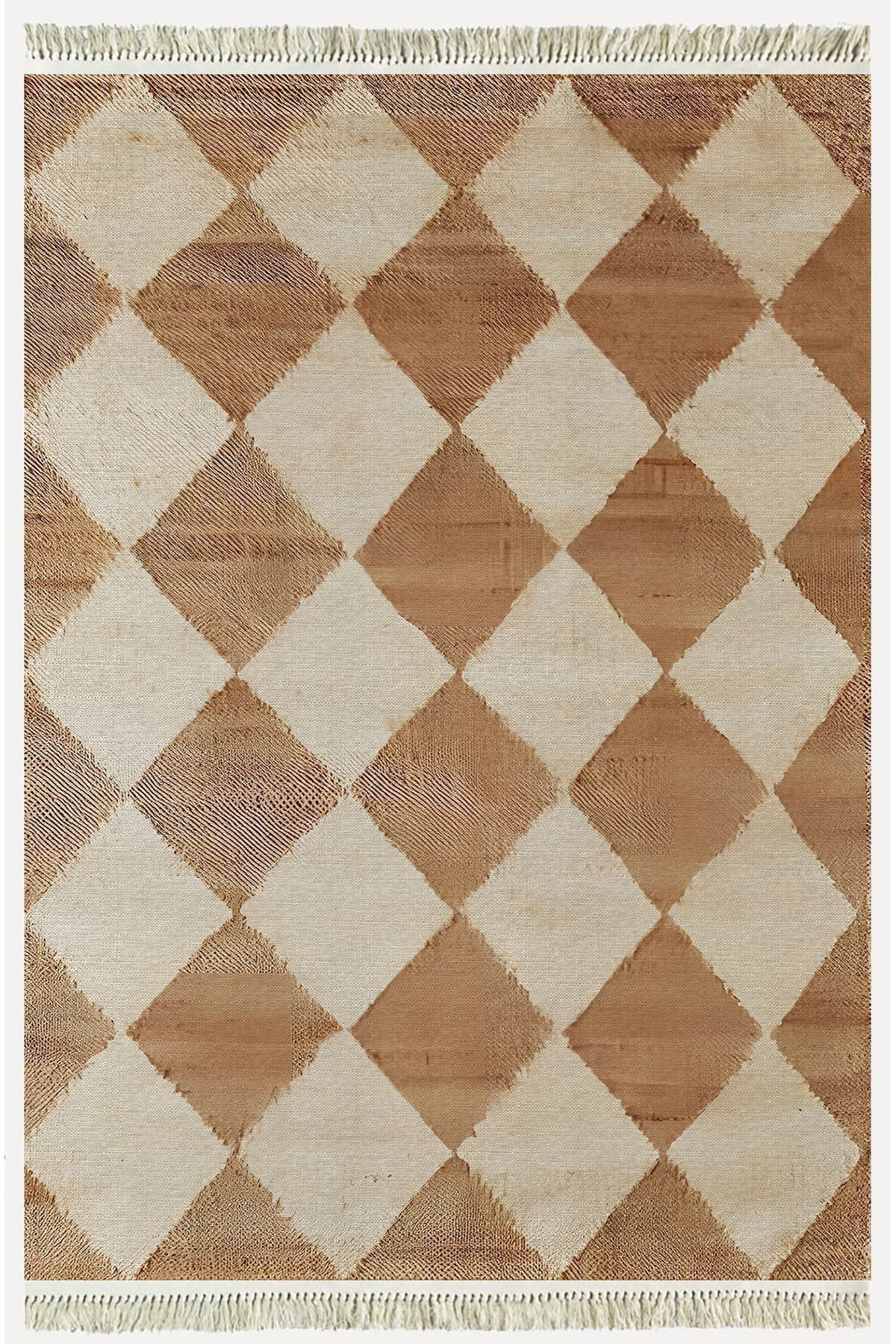 Cotton Kilim 5 Hardal Krem Tonunda Geometrik Desenli Dekoratif Yıkanabilen Dokuma Taban Kilim