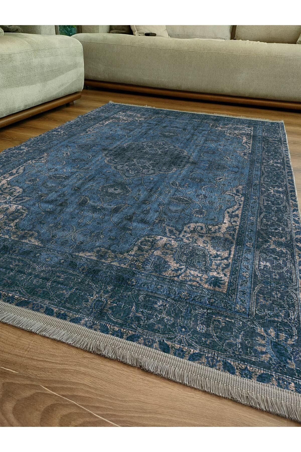 Halı Vagonu Serisi Lacivert Eskitme Antika Desen Kaymaz Taban Şönil Halı