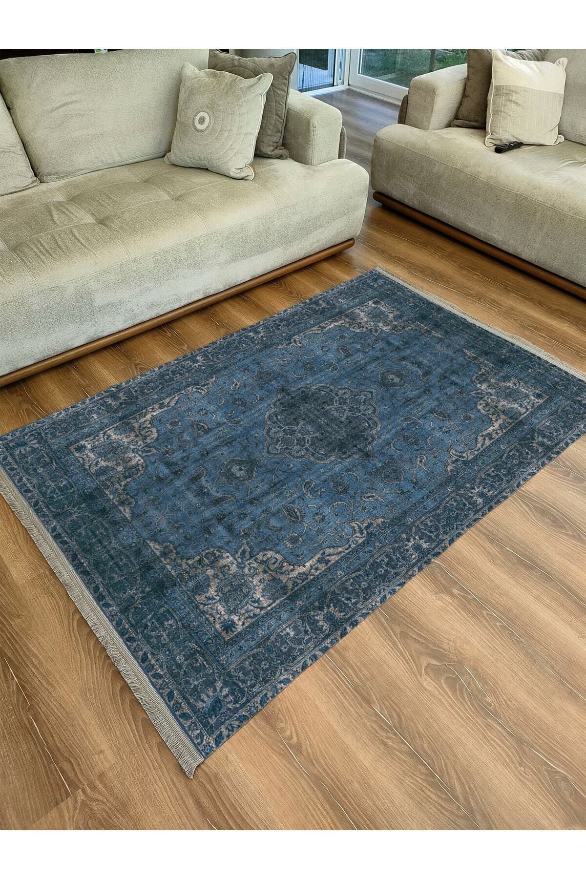 Halı Vagonu Serisi Lacivert Eskitme Antika Desen Kaymaz Taban Şönil Halı