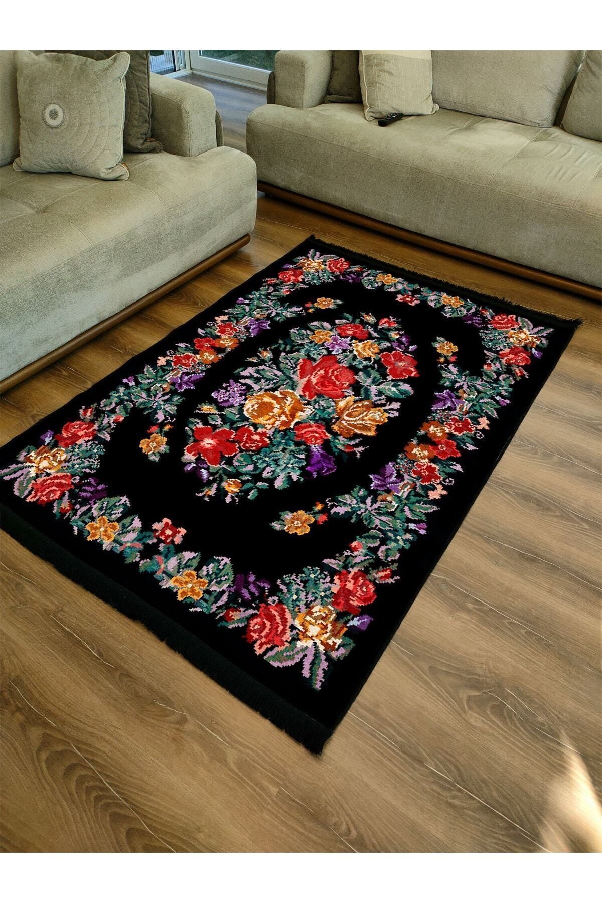 Halı Vagonu Serisi Siyah Ve Multy Tonlarda Çiçekli Desen Kaymaz Taban Şönil Halı