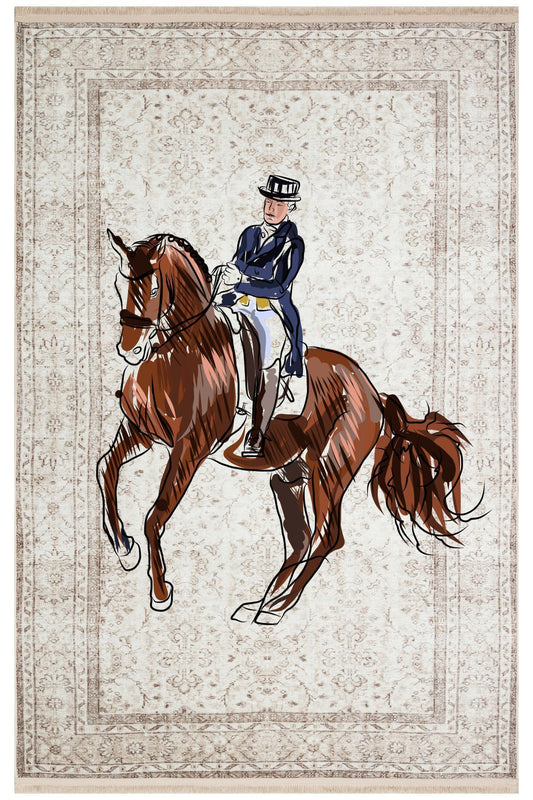 Halı Vagonu 171 Bej Vintage Binicilik At Figürlü Modern Dokuma Taban Halı